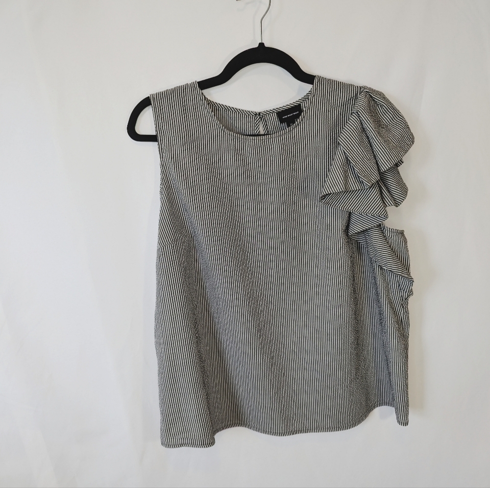 Who What Wear Asymmetrical Seersucker Tank, Gray White Striped, size XL